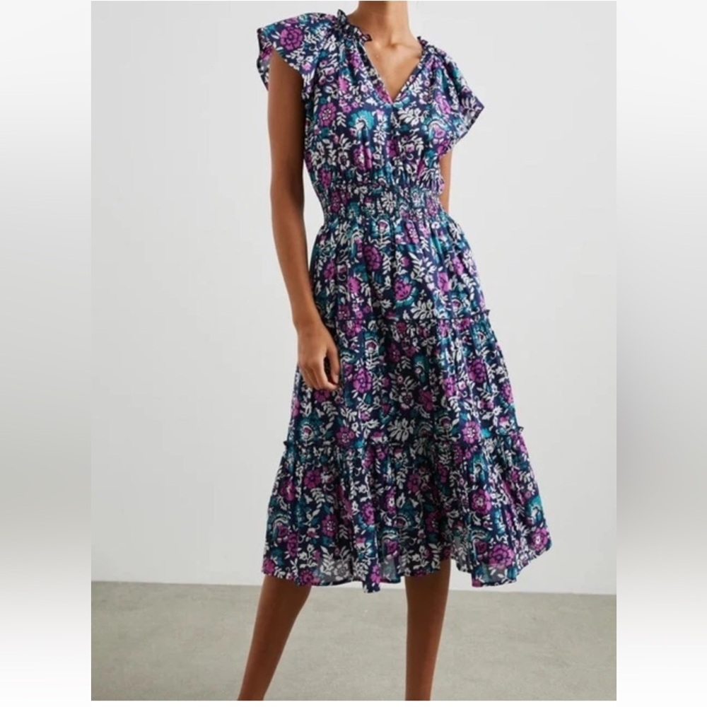 Rails Teal & Purple Floral Smocked Midi Dress